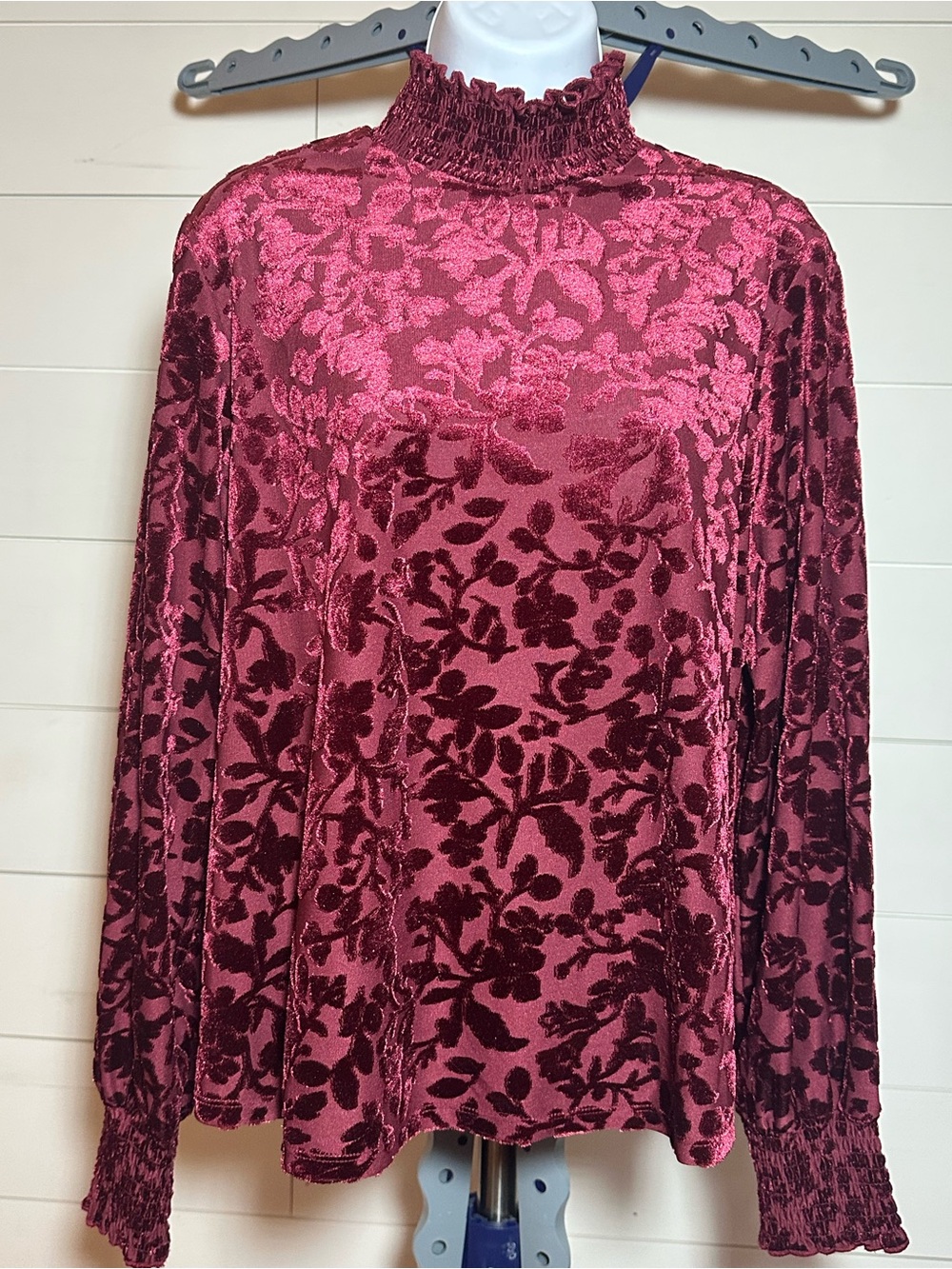 #221 Women's Burgundy Burnout Velvet Mock Neck Blouse